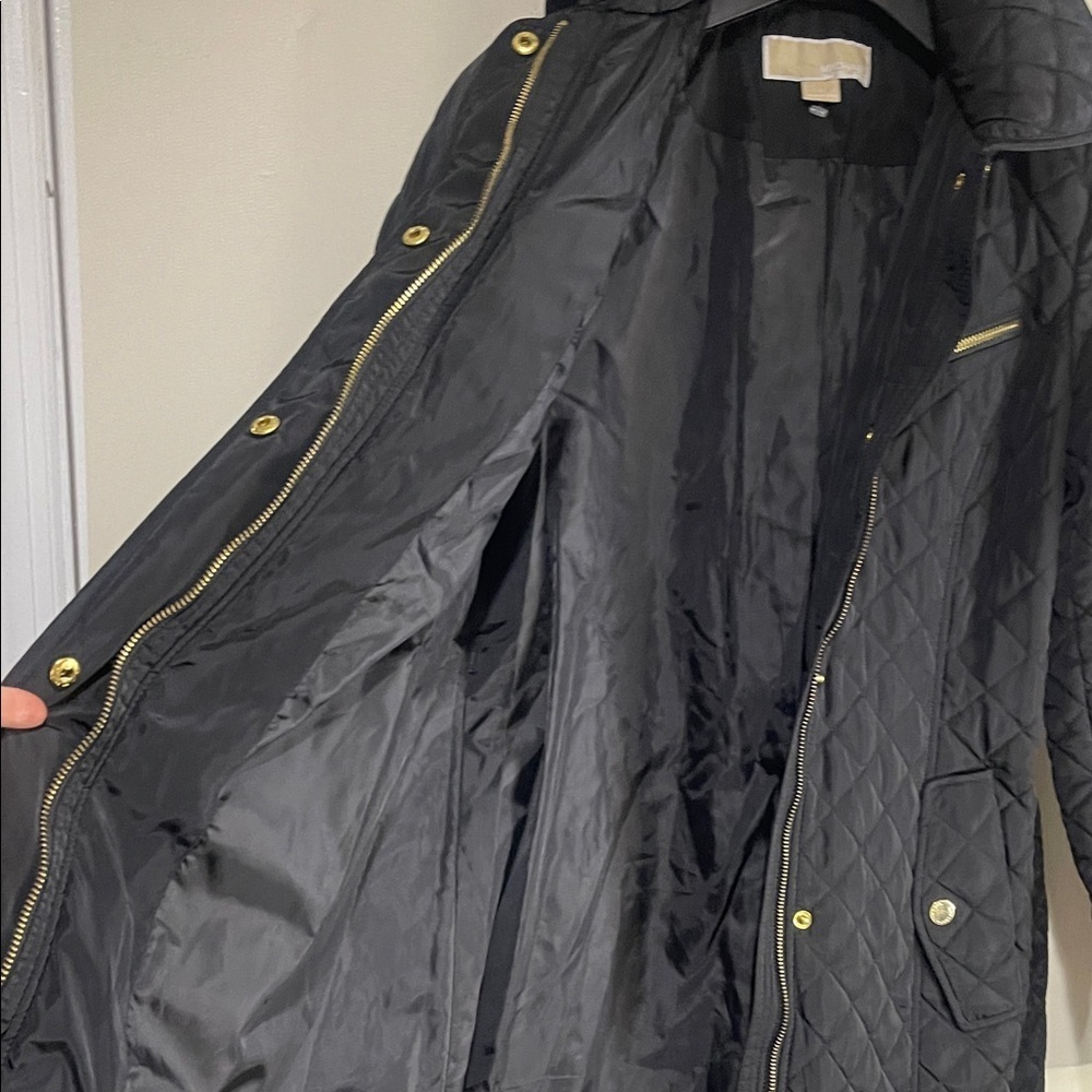 NWOT MICHAEL Michael Kors Black Quilted Trench Coat with Gold Zippers - Picture 12 of 17